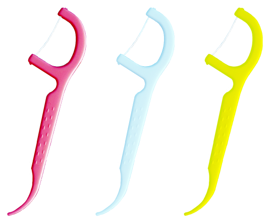 This is a group of 3 dental picks colored red, sky blue, 
			and ellow respectively.
